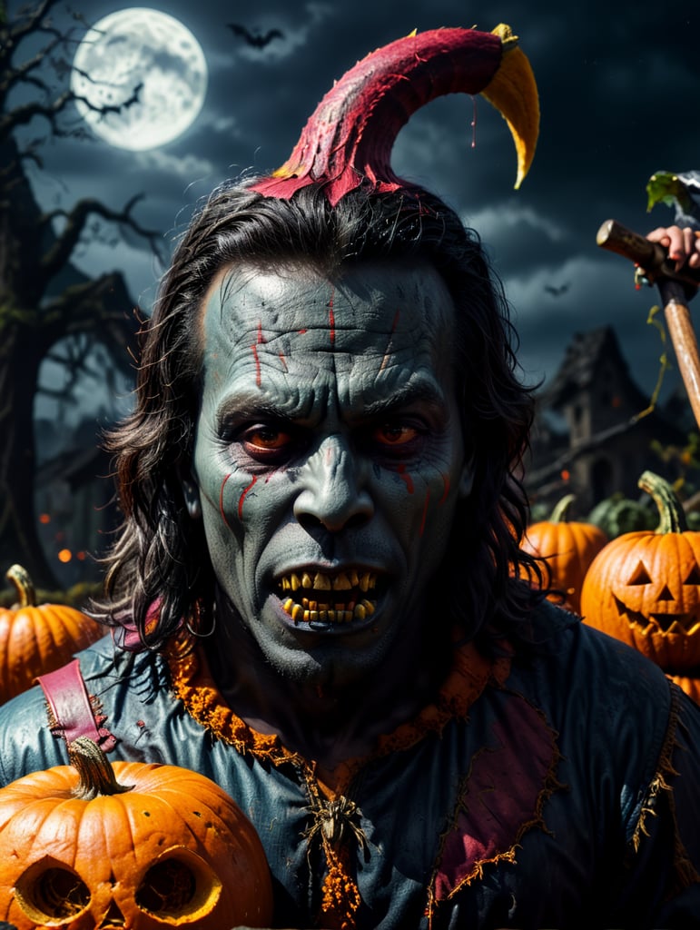 Brazilian Singer Milton Nascimento wearing spooky Halloween costume, Vivid saturated colors, Contrast color, using an axe to split a pumpkin, with scares on face