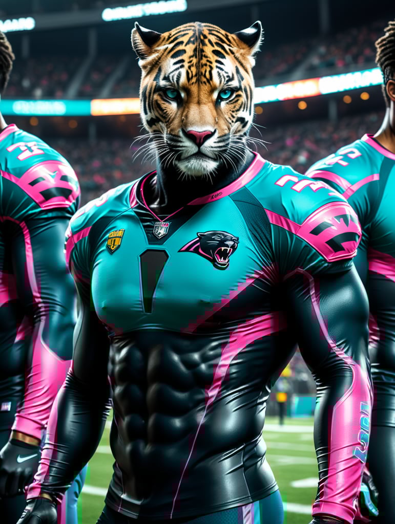 Please create a sports warmer long sleeves with neon pink and teal trimmings for a team called Panthers.