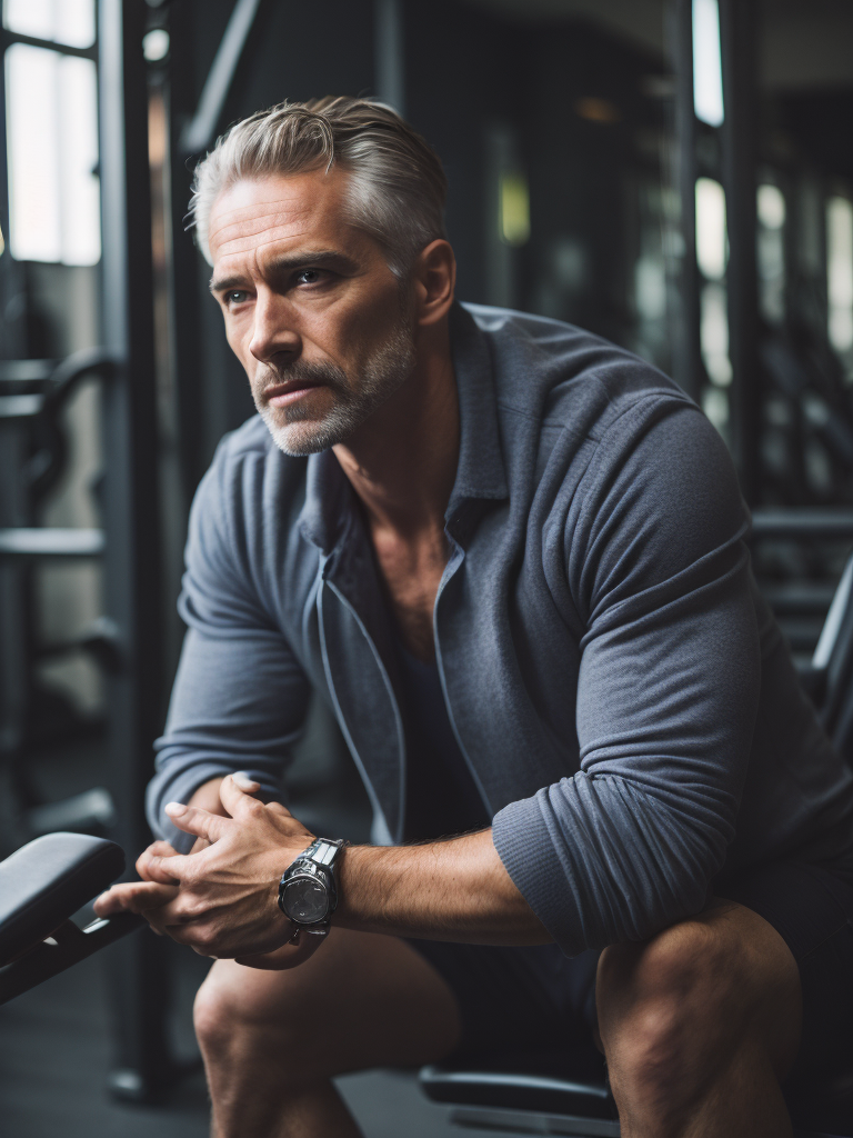 Image of a man 50 years old, focusing on health and longevity, fitness, in an office or gym
