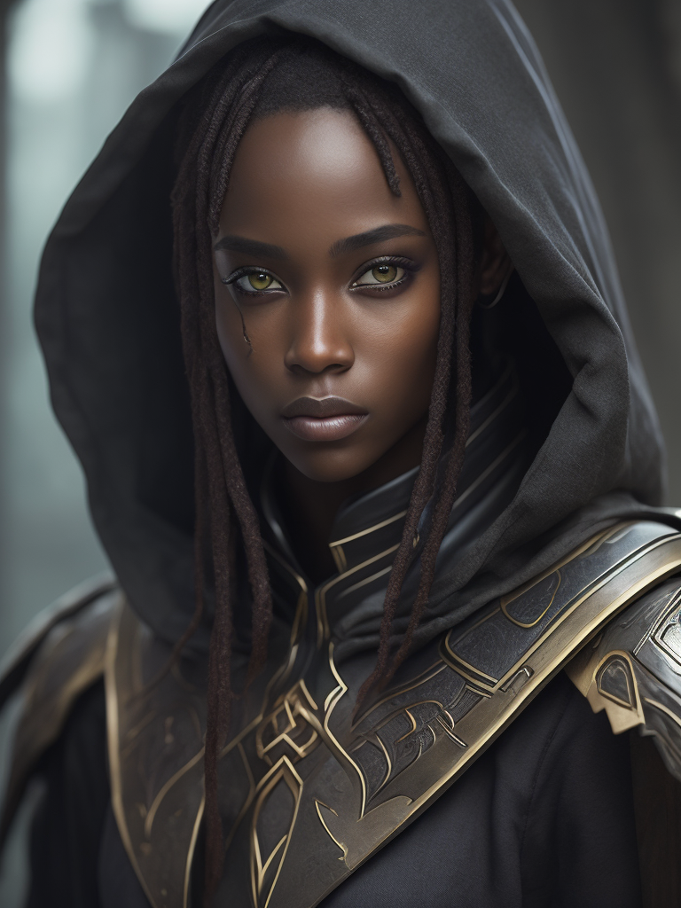 best quality, intricate details, 1girl, senna \(league of legends\), 1girl, dark-skinned female, dreadlocks, hooded cape, green eyes, solo, detailed face, ultra detailed eyes, looking at viewer, cowboy shot, upper body, lich, necromancer, undead, brightness, light rays,