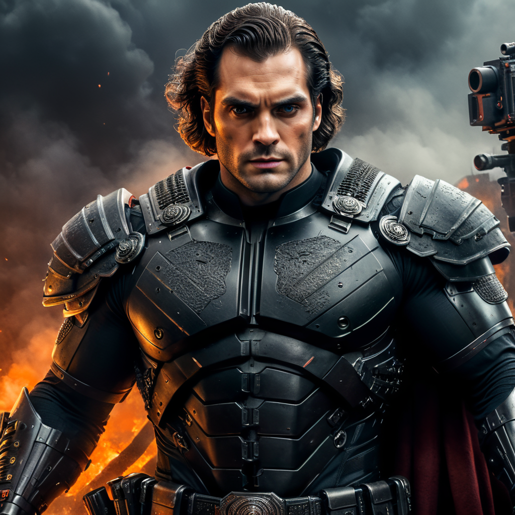 Portrait of a Henrycavill wearing scary Halloween costume, holding a gaint machine gun.