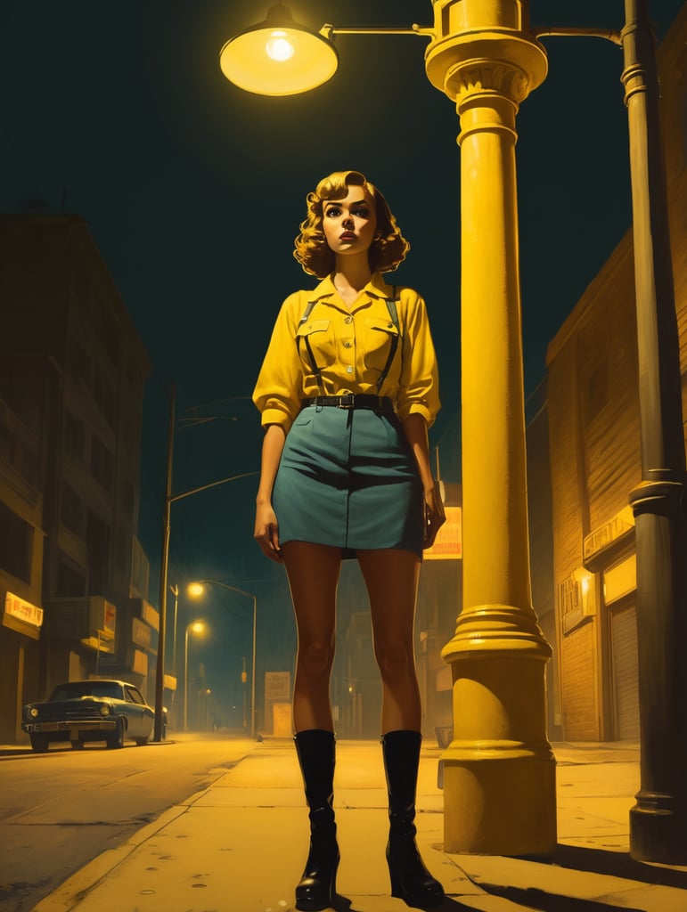 late night call girl standing under a streetlight, gritty, pulp comics style, yellow ambient light. Killer waiting in the shadows