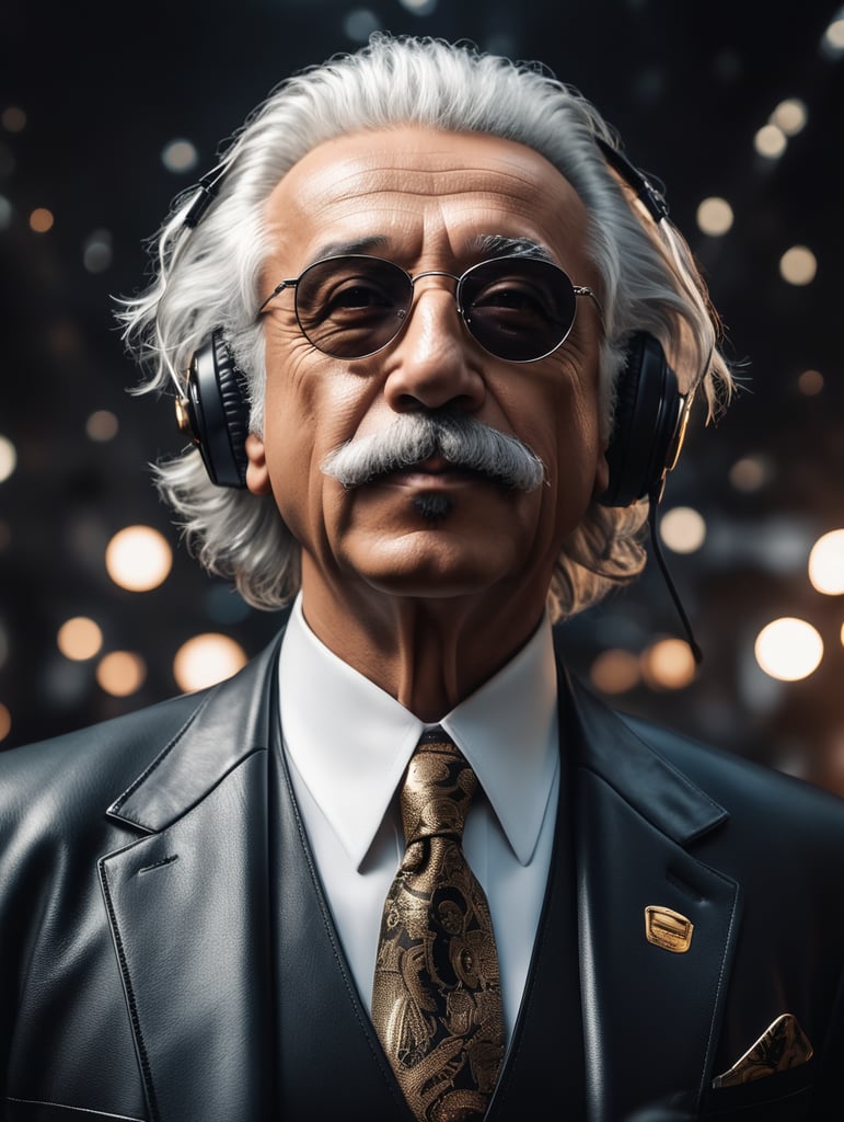 cinematic photo of Albert Einstein in DJ style. Dressed in a dark leather suit, rayban sunglasses perched on his nose, holding his headphone in his hand like a true boss. Money raining down around him, crisp dollar bills fluttering in the air. A sleek sports car in the background, doors open, ready to ride. Einstein's confident smirk, a swagger in his stance, the embodiment of intellectual cool and unapologetic brilliance. 35mm photograph, film, bokeh, professional, 4k, highly detailed, vibrant, stunningly beautiful, high contrast, ultra-modern