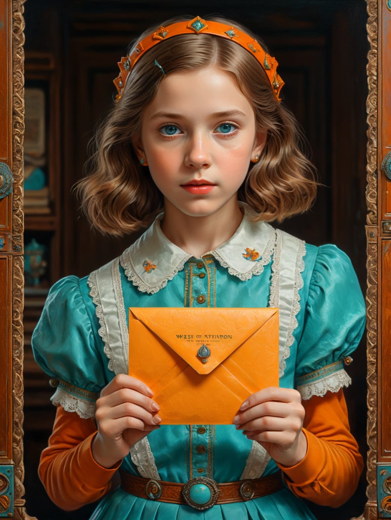 Vintage portrait of young girl holding a letter, Wes Anderson style, Incredibly high detail, Bright colors, turquoise, orange, yellow