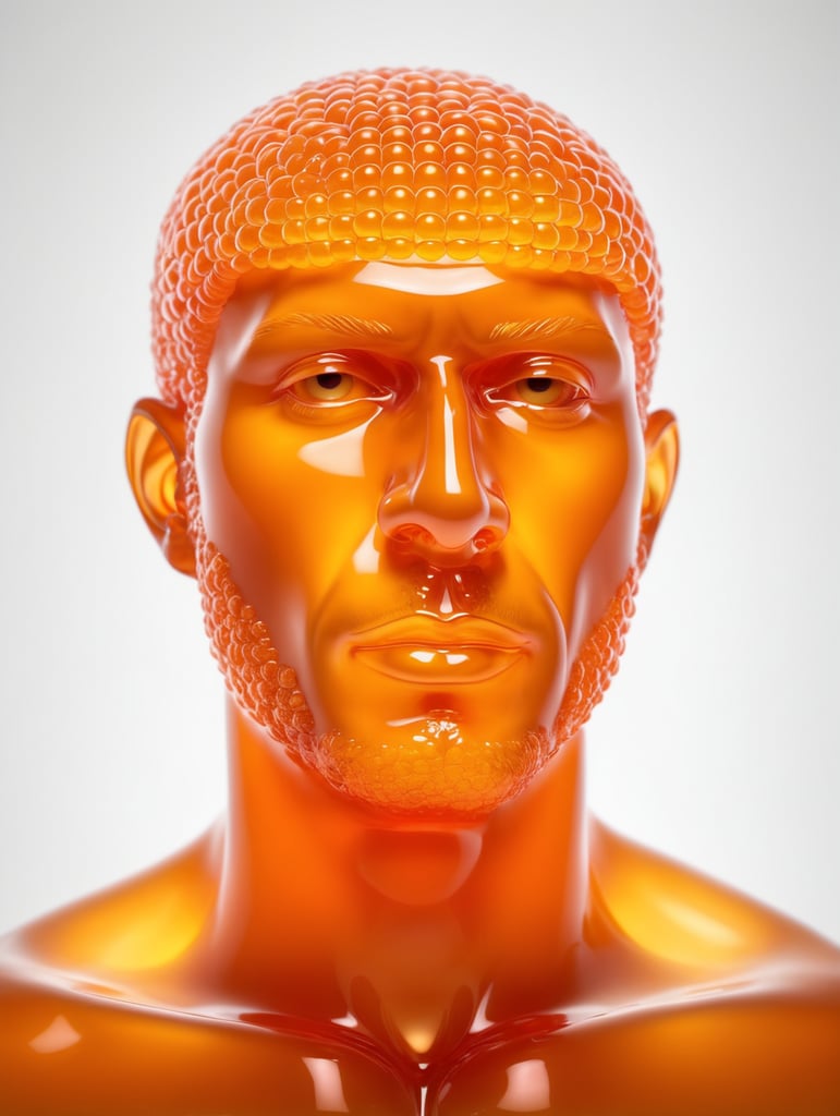 Portrait of a Translucent orange man made from the orange fruit, organs are visible through the jelly, isolated black background