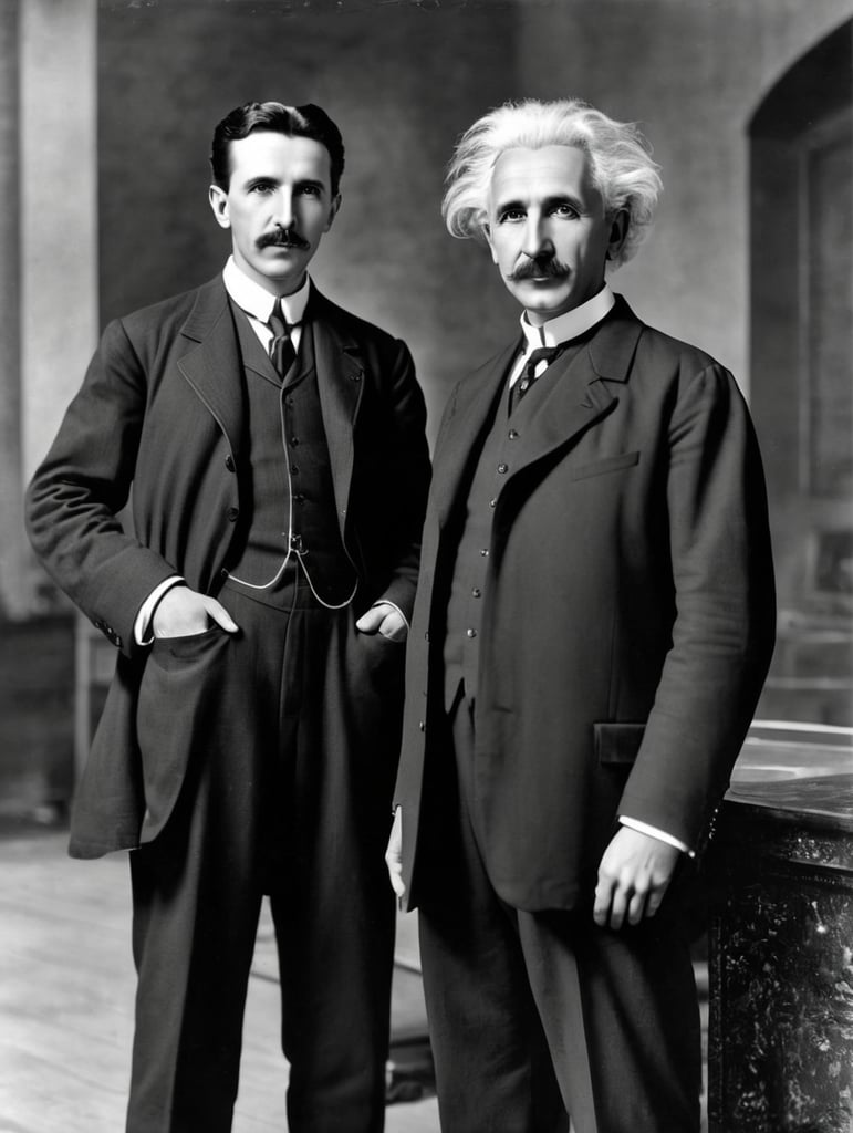 Portrait of Nikola Tesla and Albert Einstein looking at the camera