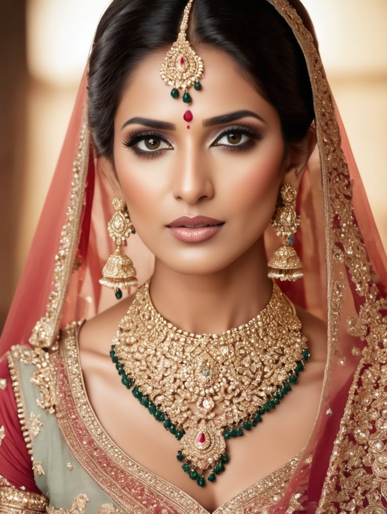A indian Bride wearing wedding suit long neck, Jewelry, Makeup,