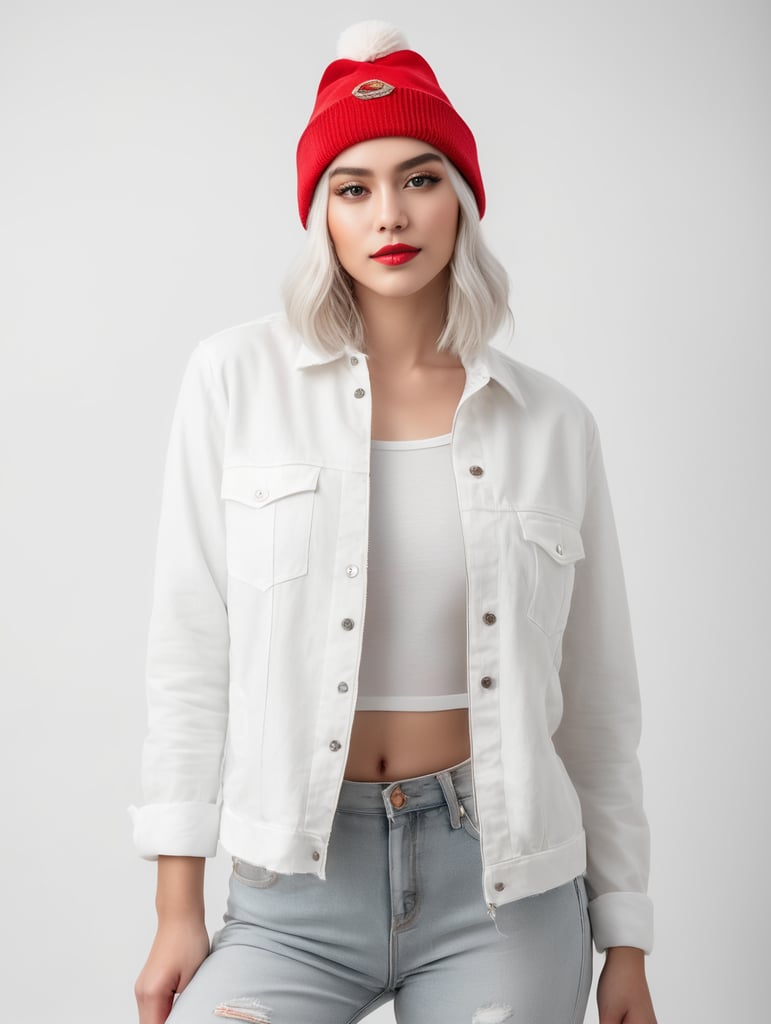 a young women with white hair and red hat on his head is wearing a white lacket, isolated, white background