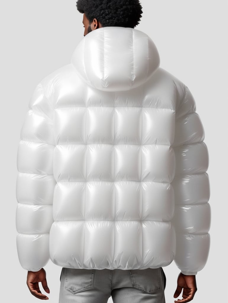 Inflatable white minimalist man's puffer jacket, black afro man, back view, transparent, isolated, grey background, mockup