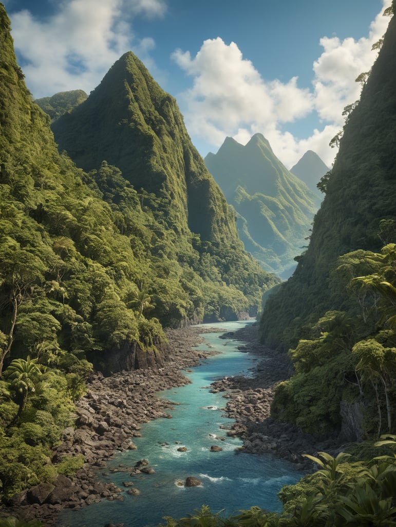 American Samoa, Island with minimal short Mountains, river running from ocean into a valley, ocean only on the bottom middle running up to the right, clear blue sky