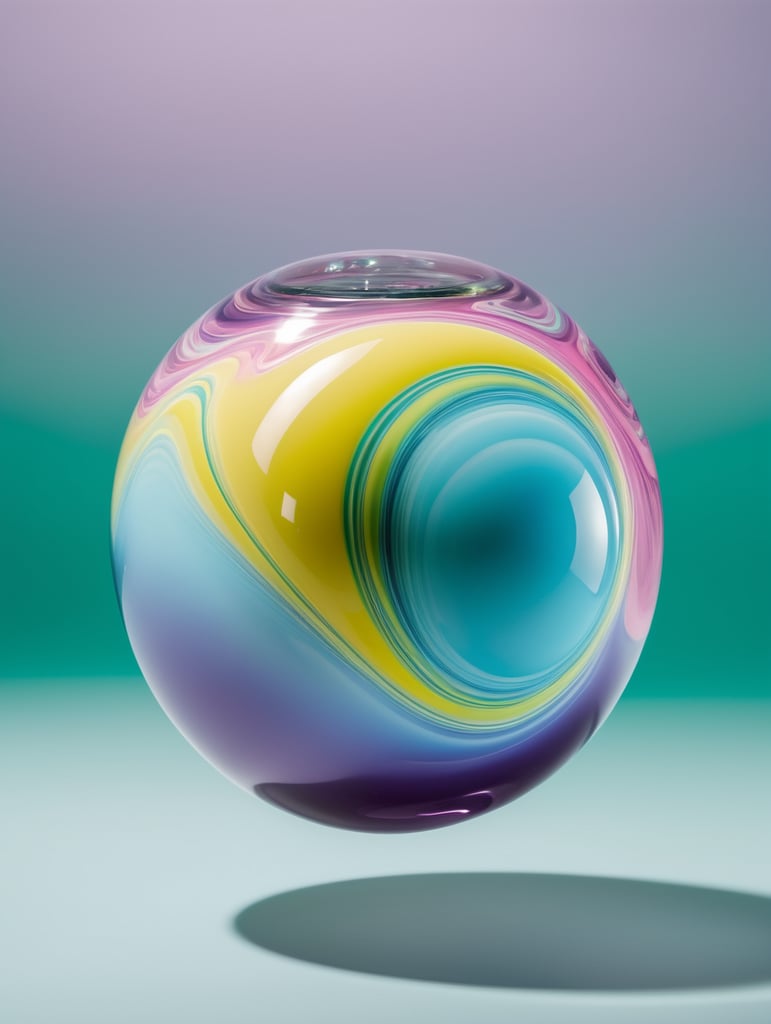 a singular object, floating in mid air, trippy, looks like a ball of liquid porcelain, gloss, shine, otherworldly, nature, photorealism, y2k, rave, plain light blue colour background, light green, pinks, purple, yellow