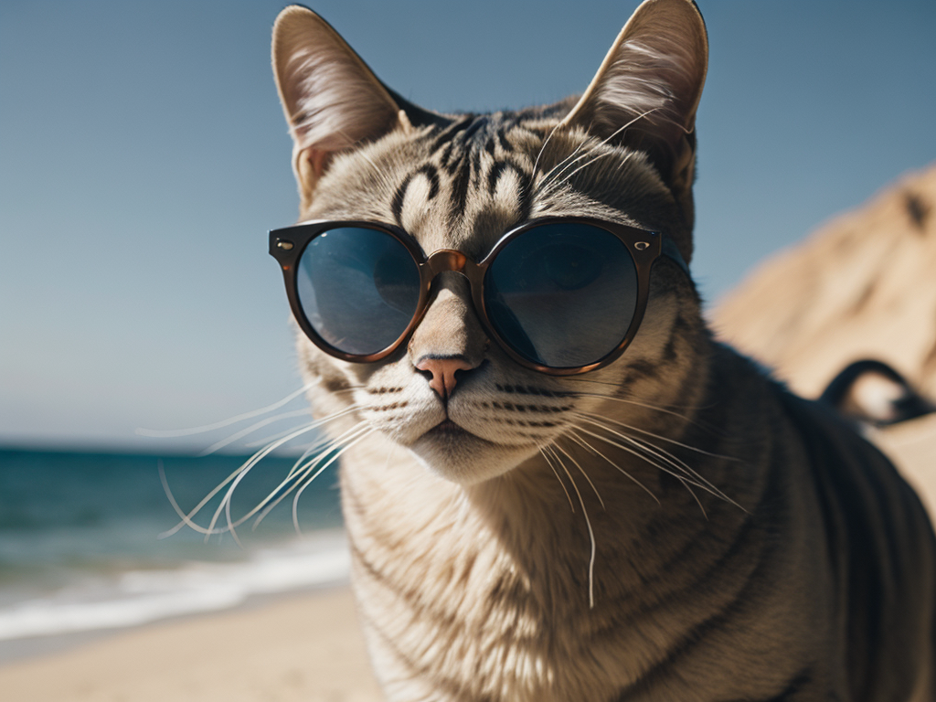 Cool cat hanging at the beach in sunglasses. Summer kitty by the sea. Sunbathing pet in shades. top
