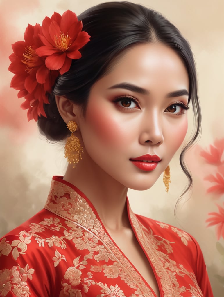 wanita cantik memakai kebaya merah