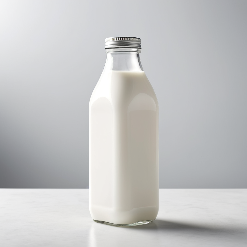 A mockup of a square glass bottle of milk.