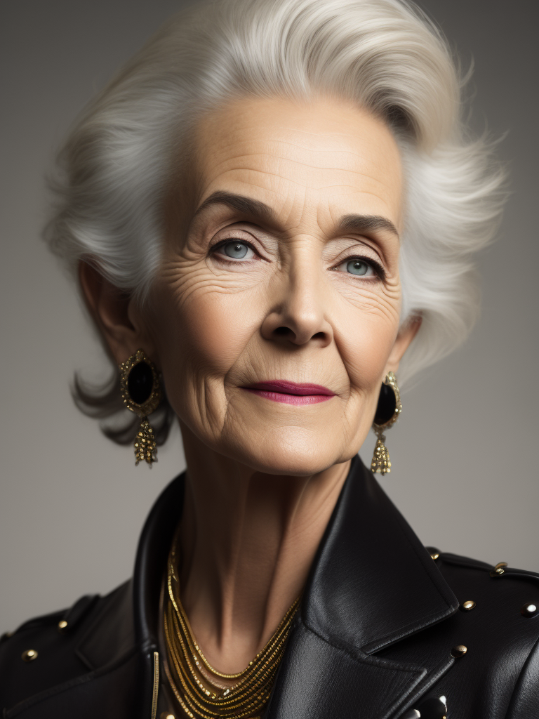 A 70yr old supermodel with classic Chanel make-up and beautifully styled volume hair, beautiful pores and skin texture, detailed high resolution image, grey hair, Dior makeup, award winning fashion editorial image, soft lighting, gentle expression, she is content with her age