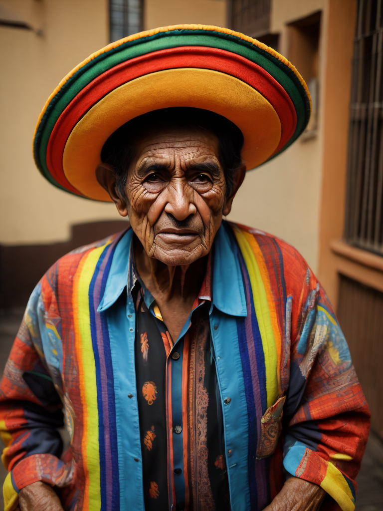 Portrait of a wrinkled colorful Mexican in a sambrero, an elderly man, a multi-colored shirt, a criminal, an evil face