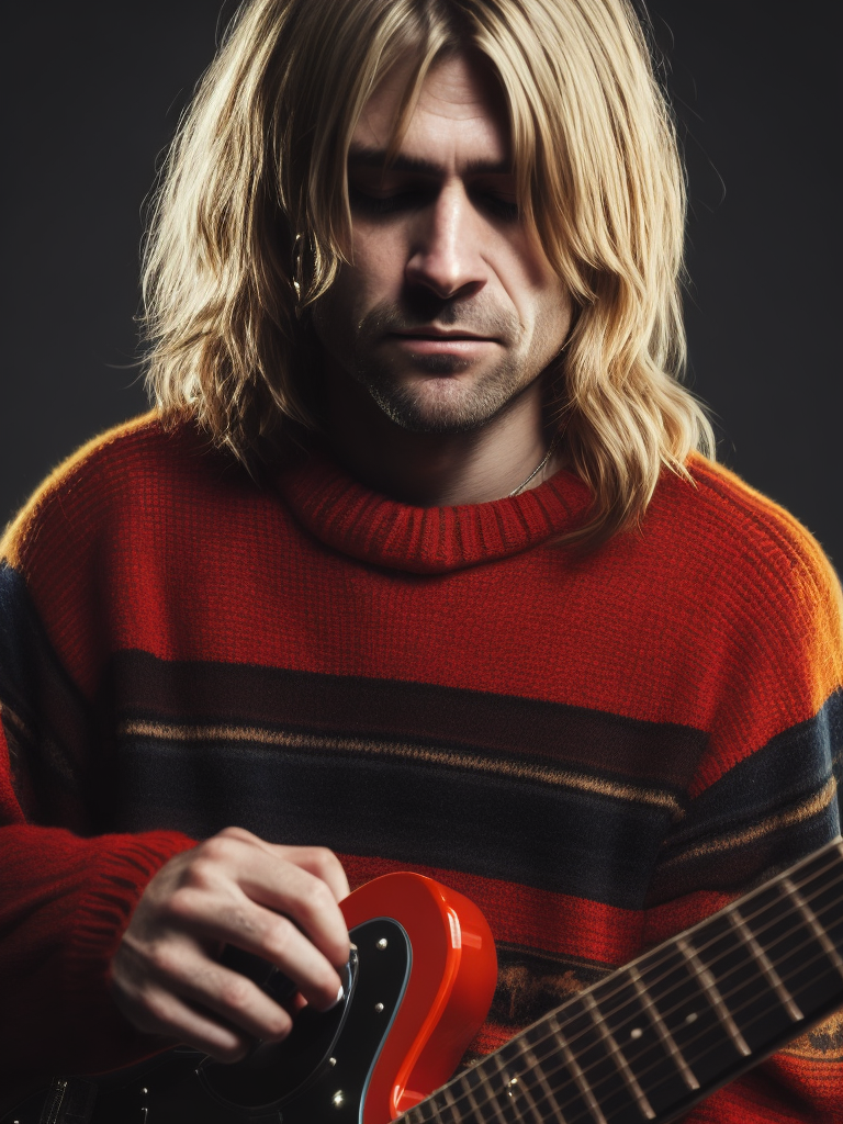 Kurt Cobain is wearing a black and red striped sweater, with an electric guitar, Vivid saturated colors, Contrast light, studio photo, professional photo, Detailed image, detailed face