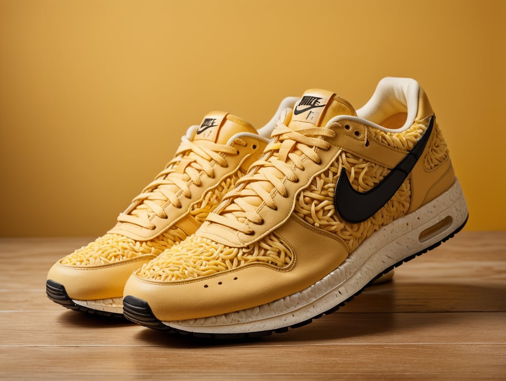 nike sneakers made with noodles on yellow background