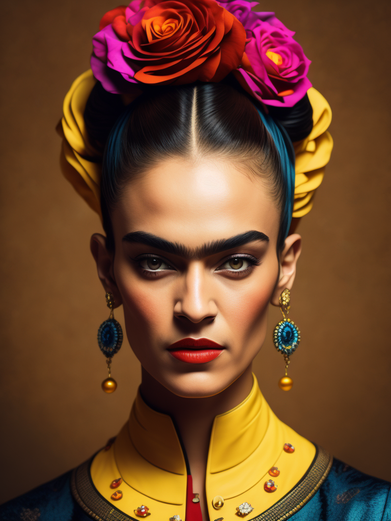 Portrait of Frida Kahlo, bright and saturated colors, elegant, highly detailed, vogue, fashion magazine, sharp focus, bright expressive makeup, dramatic lighting, depth of field, incredibly high detailed, blurred background