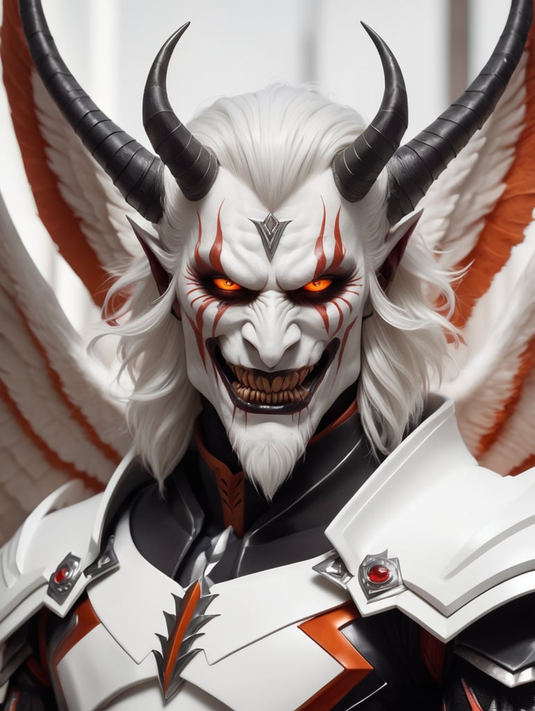 nombre: slayher, una criatura humanoide la fusión de un apareció angelical y apareció demoniaco con una larga sonrisa siniestro con dientes afilados y legua larga negra ojos naranjas con cabello blanco cuernos negros rayas blancas 2 grandes alas de ángel y una cola de demonio forma de flecha rostro de venon con ropa elegante género masculino piel roja y blanca