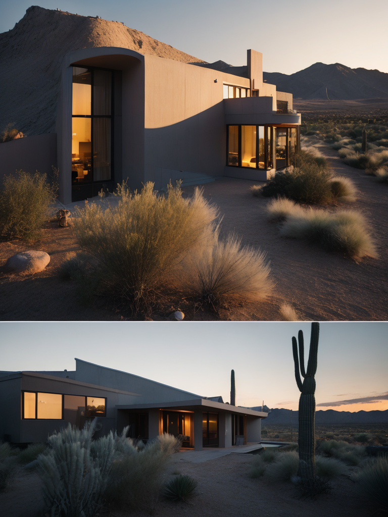 An architectural rendering of a minimal, geometric, curved, sculptural, stucco textured, tan desert abode, sand and clay facade with small carved window openings, wood accents, arched glass door opening, cactus, tumble weed, artificial lighting, desert landscaping, outdoor camp fire, located in Arizona during twilight, hazy horizon