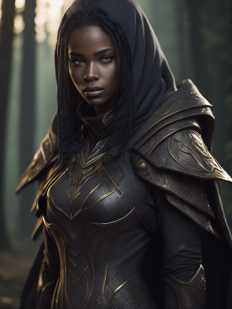 best quality, intricate details, 1girl, senna \(league of legends\), 1girl, dark-skinned female, dreadlocks, hooded cape, green eyes, solo, detailed face, ultra detailed eyes, looking at viewer, cowboy shot, upper body, lich, necromancer, undead, brightness, light rays,