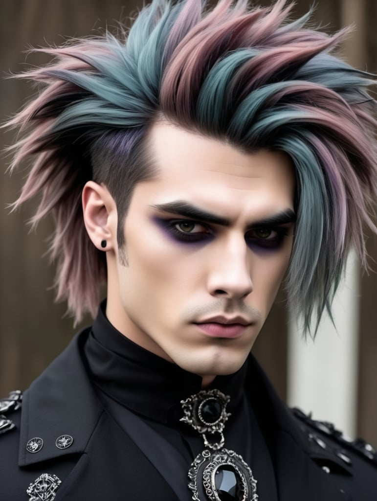 Goth guy with huge teased colored hair and makeup that matches his hair color