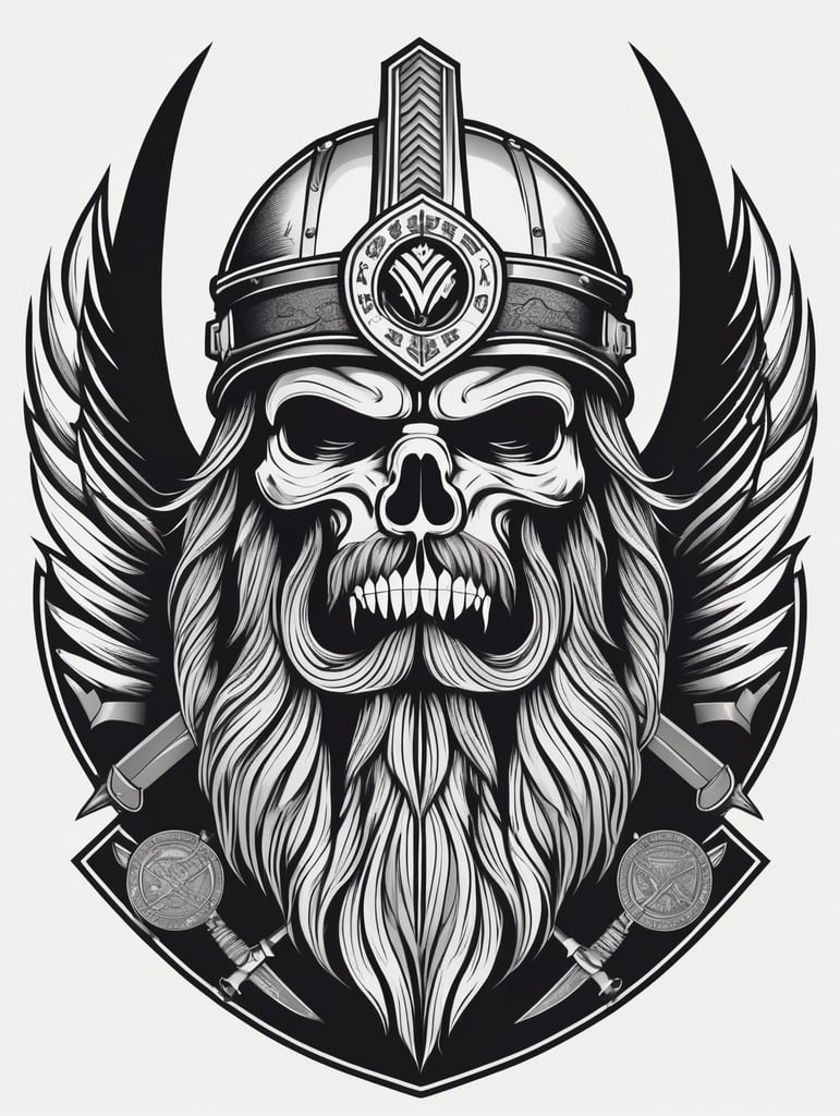 Viking with beard skull military chevron logo, black and white, war Logo, vector image