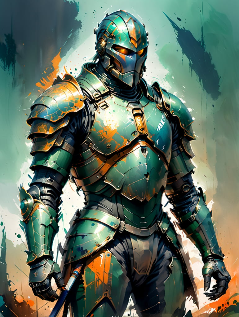 Medieval knight, iron green armor, after the battle, epic photo no helmet