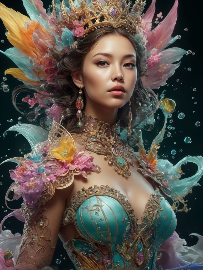 Dynamic underwater ink art by Alberto Seveso of a young woman in a cute princess outfit in Pastels and colorful fun intricate embellishments and geometric patterns and designs, cute colorful lighting high definition++, photography, cinematic, detailed character portrait, ++detailed and intricate environment, strong breeze, ++, detailed and intricate environment
