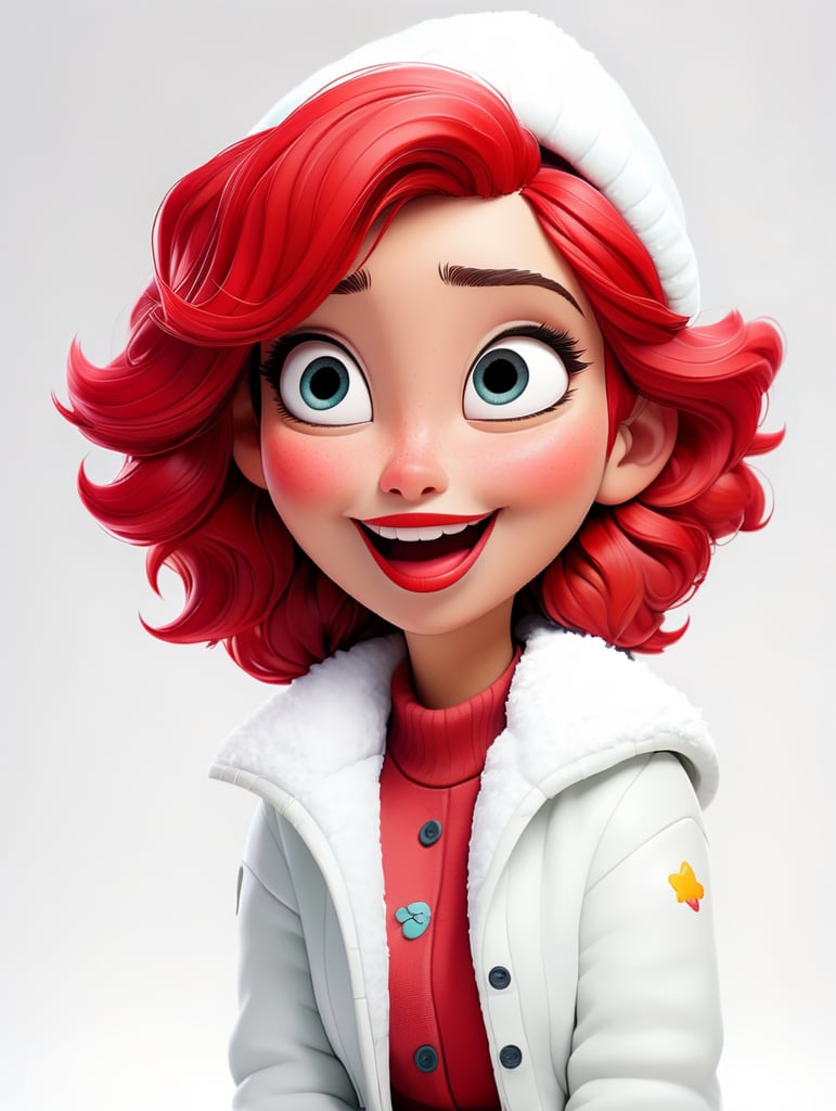 a happy young women with colored hair and red hat on his head is wearing a white fluffy jacket, isolated, white background