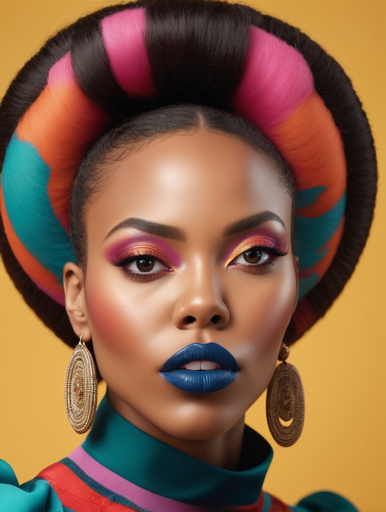 Portrait of a black woman with big lips, bright colors, studio photo, fashion photo, Aida Muluneh style image