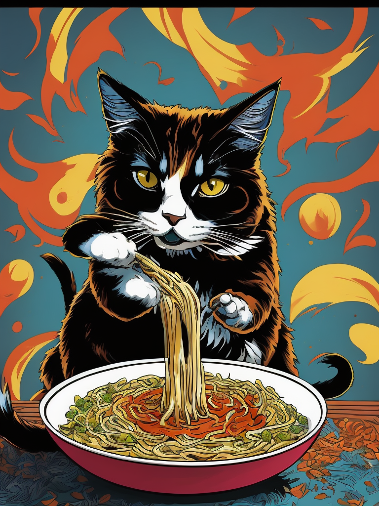 Cat eating ramen, trippy colors, cartoon style, comic style, manga style