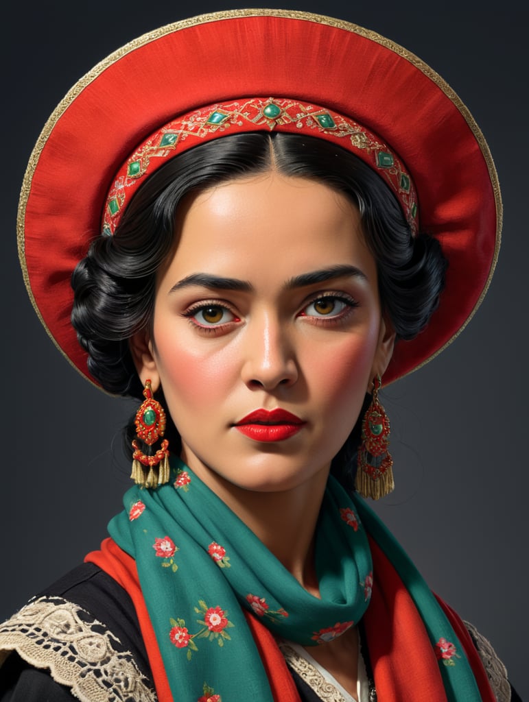 Frida Khalo in a red hat and scarf in a pictorial review cover, 1920s showy color, 1 9 2 0 s advertisement, 1 9 2 0 s Cloth hair, JC LeyendeCker 8 K, j. C. LeyendeCker 8 K, j. C. LeyendeCker. Black hair