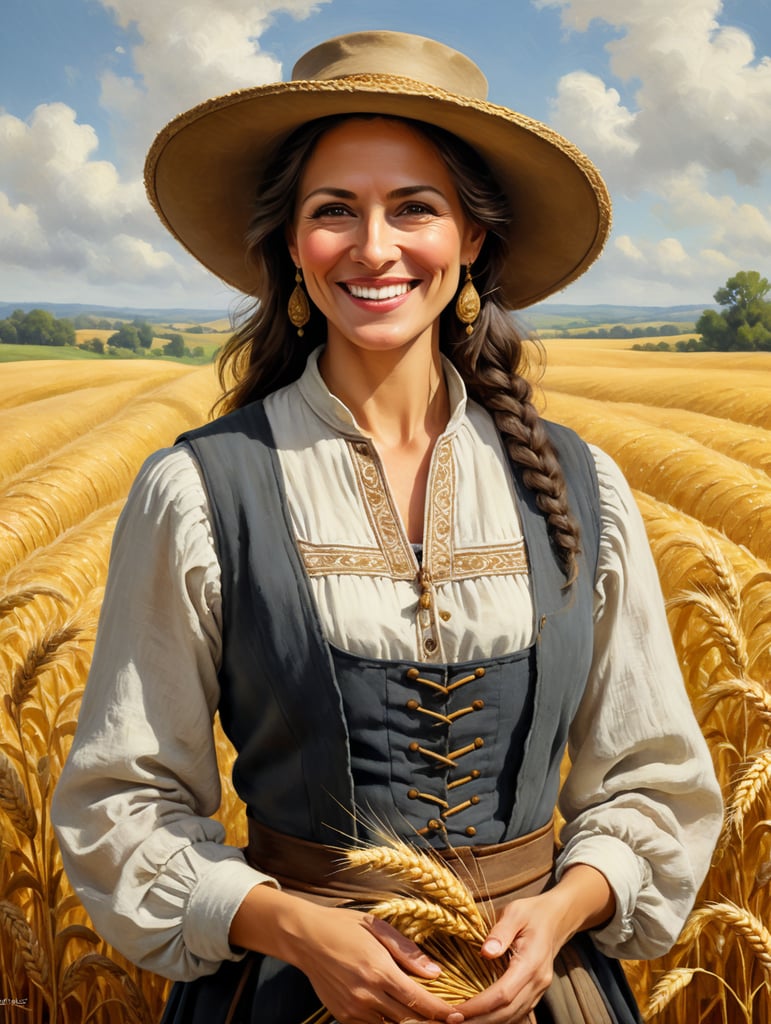 Create a pictorial illustration that shows a woman in her 50s with a friendly smile and a wide-brimmed hat. She has dark hair and wears an old peasant outfit, a white shirt and gray vest. She holds a sheaf of golden wheat in her hands. The wheat looks fresh and well preserved. The painting has an oil painting style and presents rich details in the textures of the clothes, the wheat and the features of the woman's face. he must wear period clothes of a peasant woman. Make it look like it was made by a Renaissance-era artist.