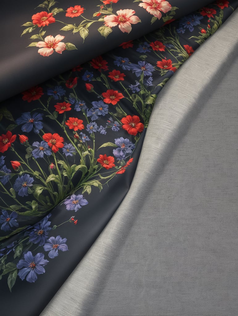 Fabric with printed graphics of red flowers
