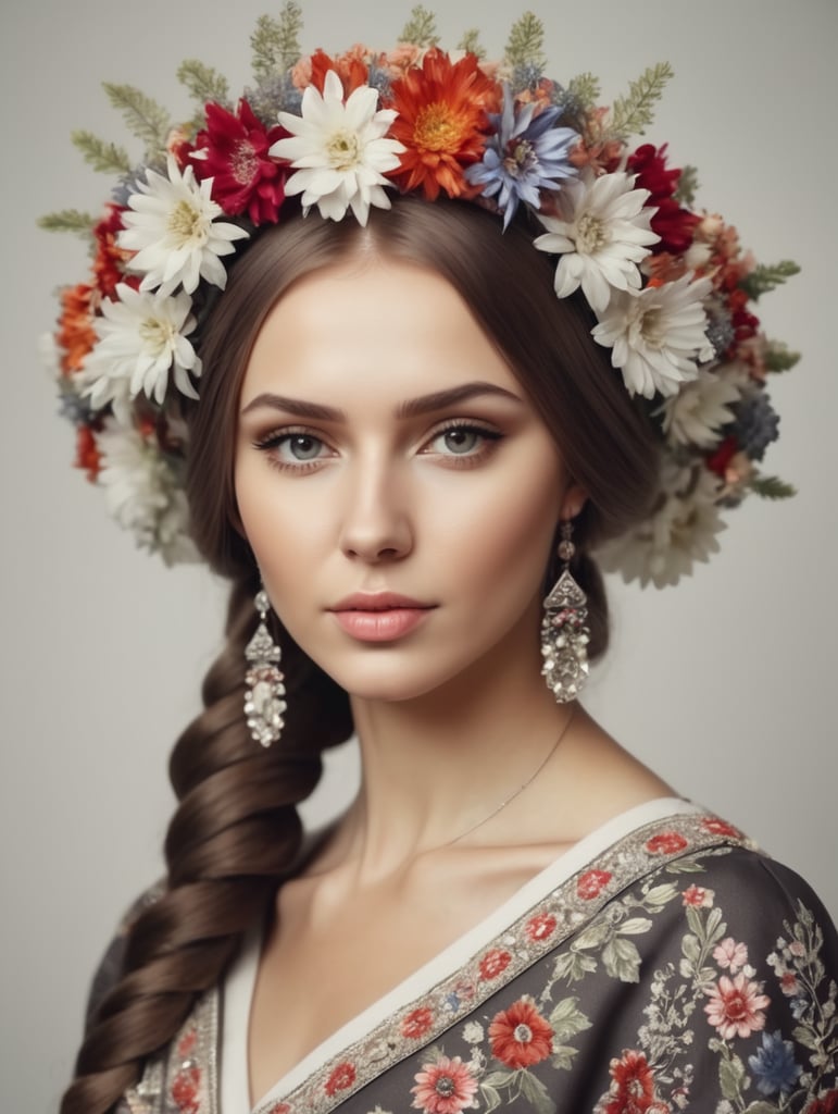 young woman of Slavic appearance in a kokoshnik made of flowers in modern clothes