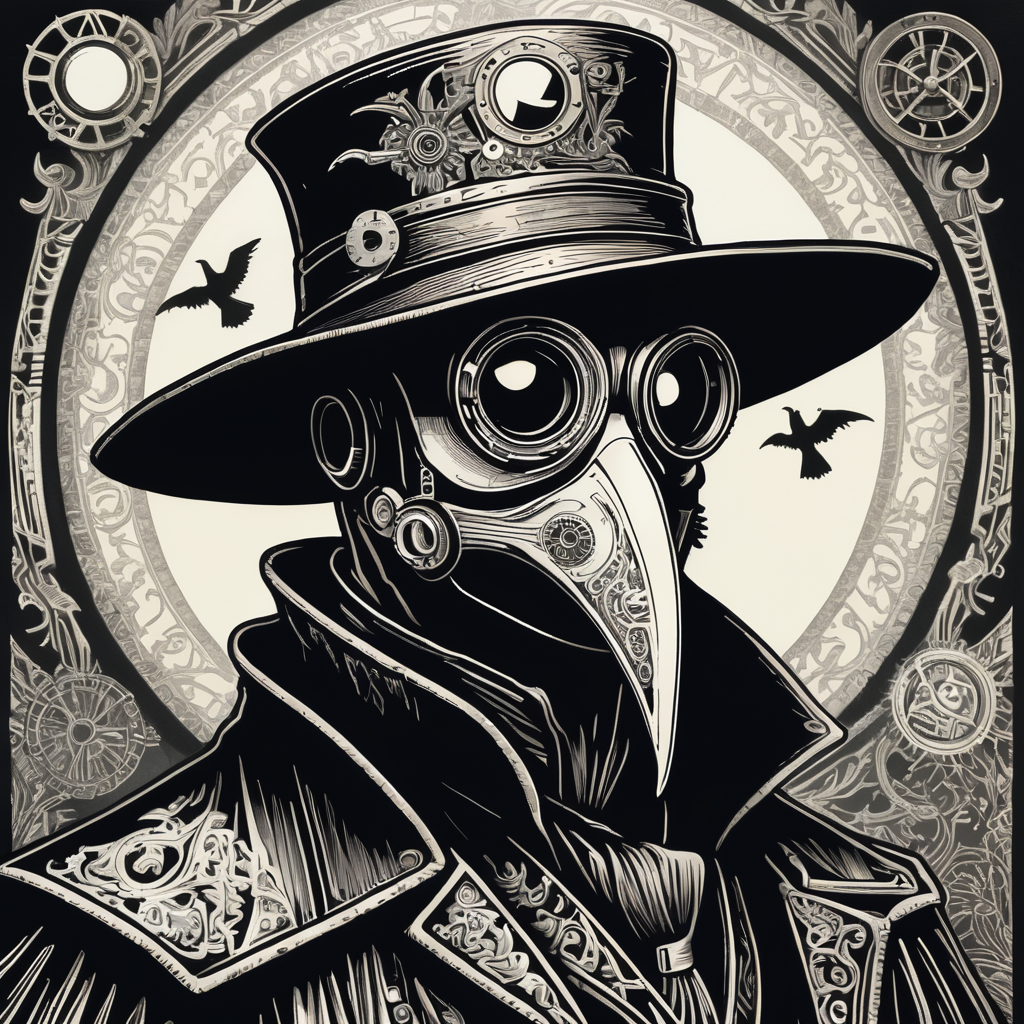 plague doctor black and white linocut detail steampunk