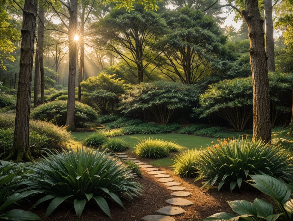 A photorealistic snapshot of a serene woodland scene from my backyard. Highlighting the vibrant flora and fauna, with the golden hues of the setting sun casting a warm and enchanting glow.