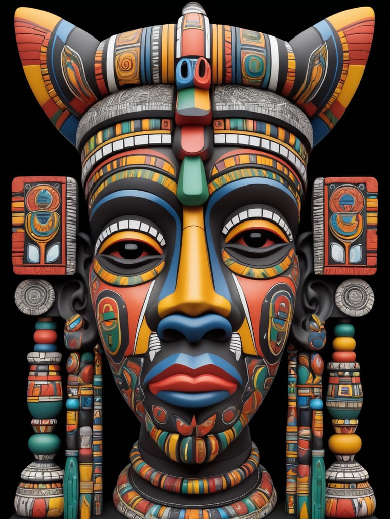 African totem in Ndebele style, bright colors, clear details, black background