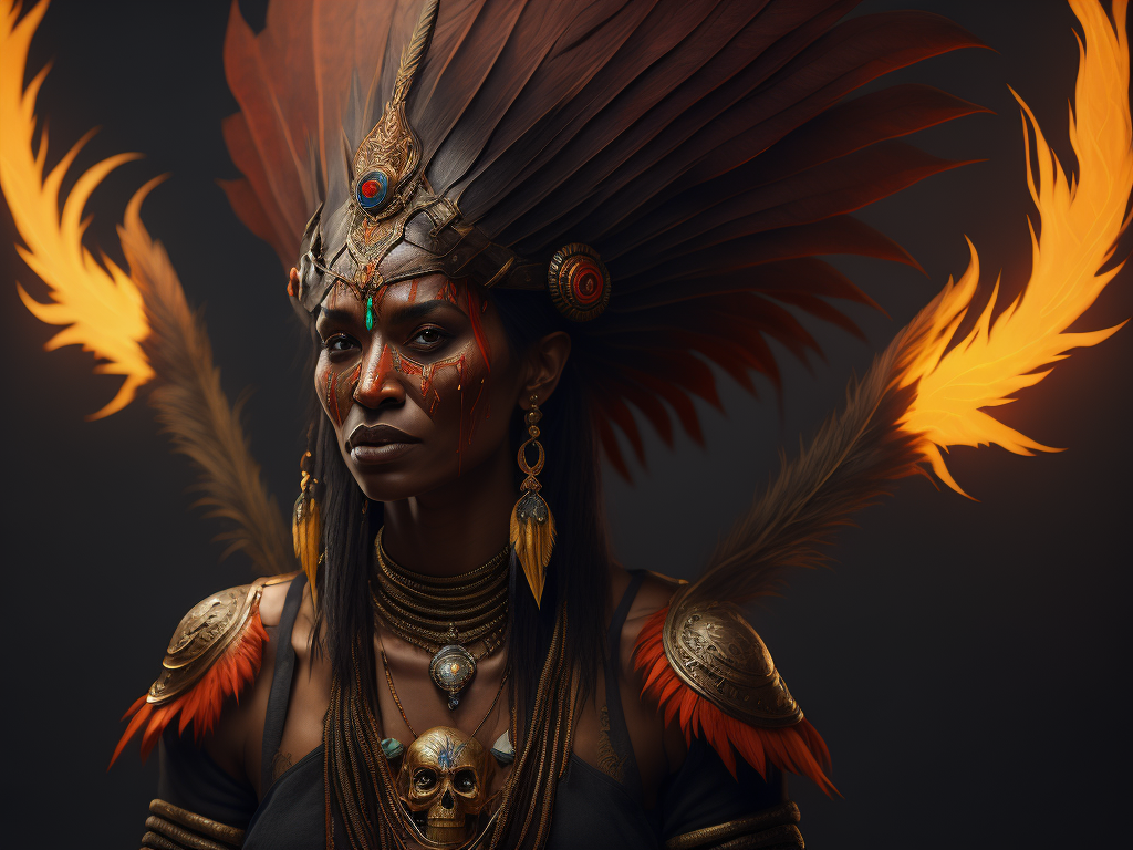 full-length portrait of a witch doctor wearing a feather headdress, holding a glowing skull floating in hand, red face warpaint, ghostly, native symbols, fantasy concept art, highly detailed