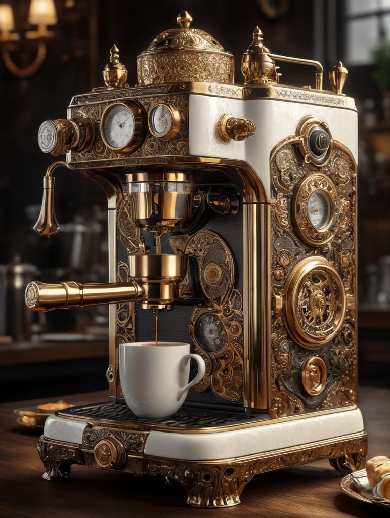coffee maker made in steampunk style, decorated with gold, carved white plastic, ivory color, deep engraving