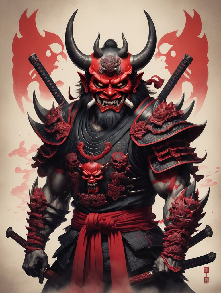 illustration of a demon with two swords and a skull, demon samurai mask, oni mask, villain wearing a red oni mask, samurai mask, samurai with demon mask, demon samurai, demon samurai warrior, oni horns, inspired by Ryūkōsai Jokei, japanese art style, inspired by Kawanabe Kyōsai, Mysterious