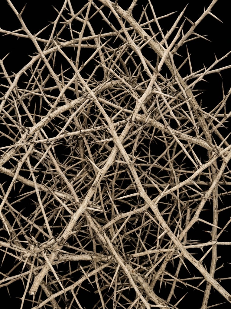 dense tangle of dry thorny branches, pitch-black background, pale beige woody texture, sharp interlocking spikes, chaotic organic pattern, macro photography, high contrast, flat even lighting, stark silhouette effect, intricate overlapping network, barren twigs, perilous texture