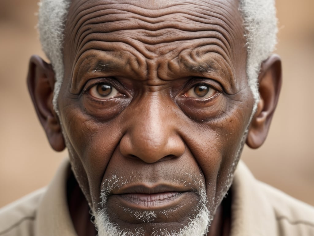 Visage hyper détaillé d'un vieu africain essayant forçant pour voir à travers la caméra, il est étonné comme s'il ne croyait pas à ce qu'il voyait, cadrage serré sur la tête