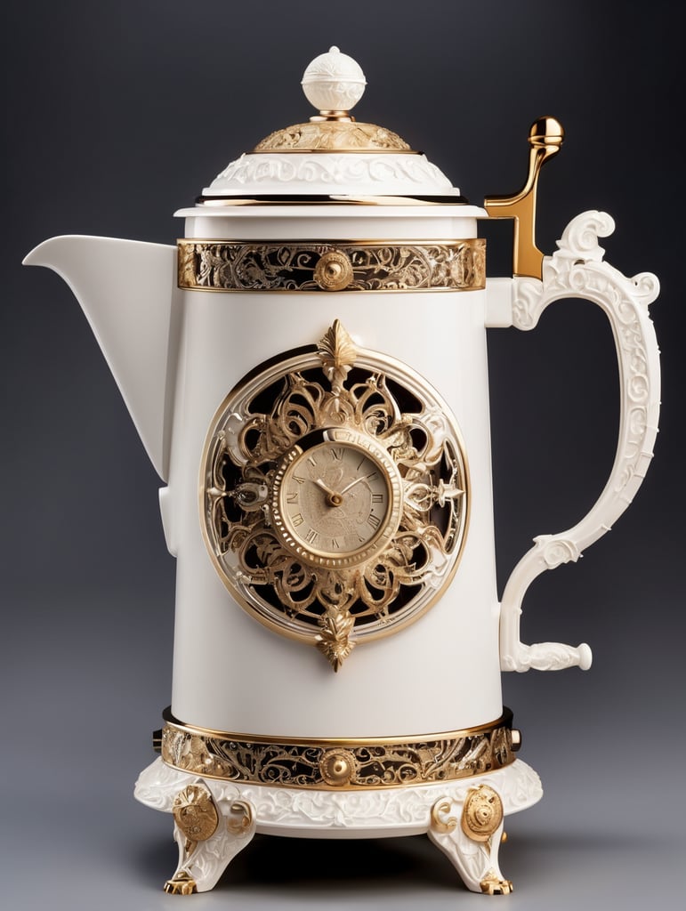 coffee maker made in steampunk style, decorated with gold, carved white plastic, ivory color, deep engraving