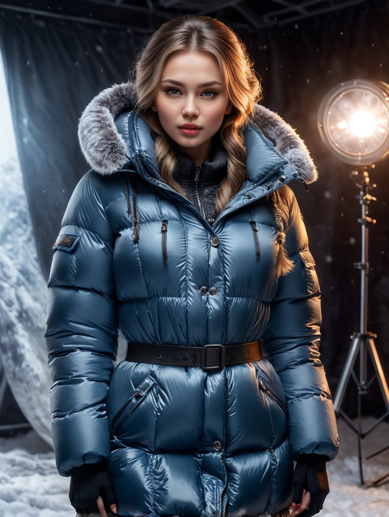 a beautiful Russian girl in a photo studio, she is wearing a dress that looks like a down jacket. Russian winter with frost in the background