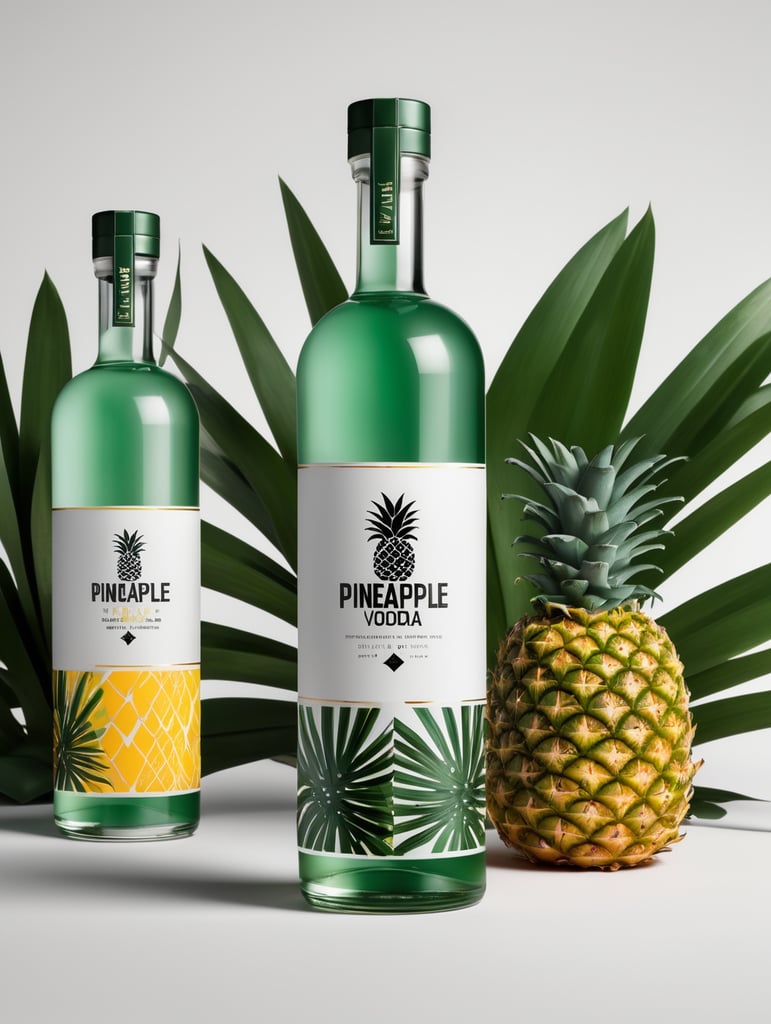 Packaging and branding for a pineapple vodka brand as if it had been designed by HI ESTUDIO with In a set design with pineapple, pineapple leaves.