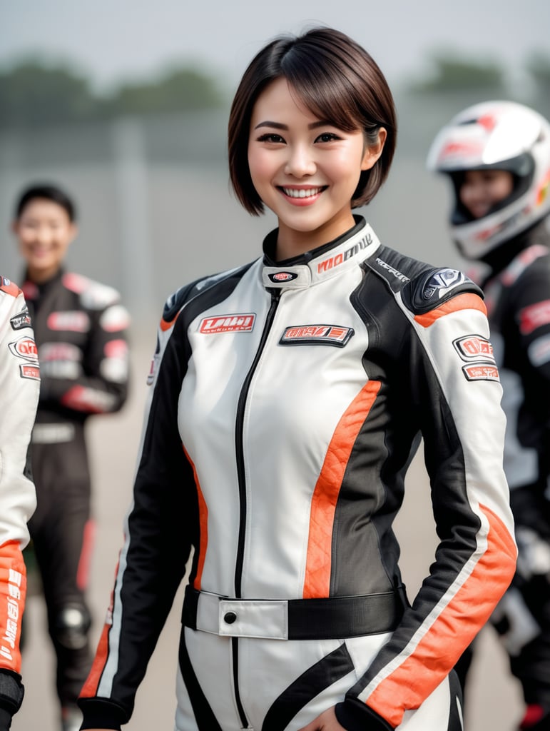 Oriental female, Asian, frontal, young, beautiful, short hair, sweet, smiling, racer, wearing motorcycle racing suit.