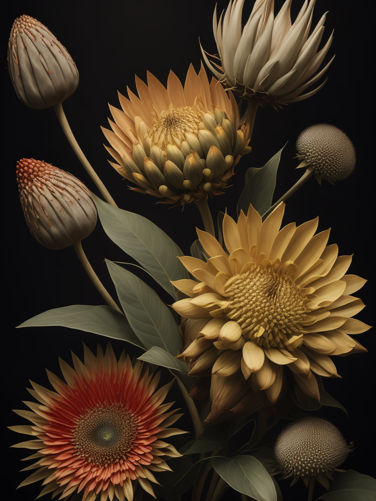 Detailed king proteas and pincushions against a black backdrop by martin johnson heade, artstation